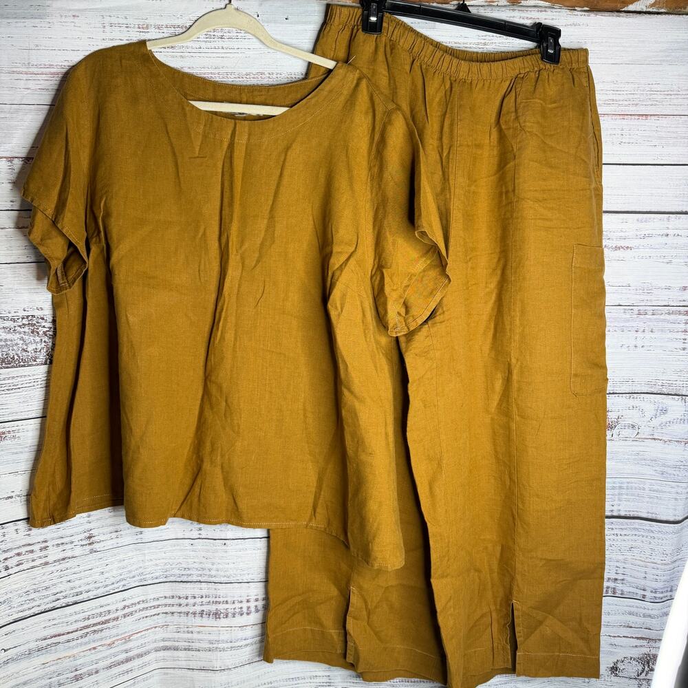 FLAX Jeanne Engelhart 1G Linen Top Pants Set Mustard Brown Lagenlook 2 Piece 1X